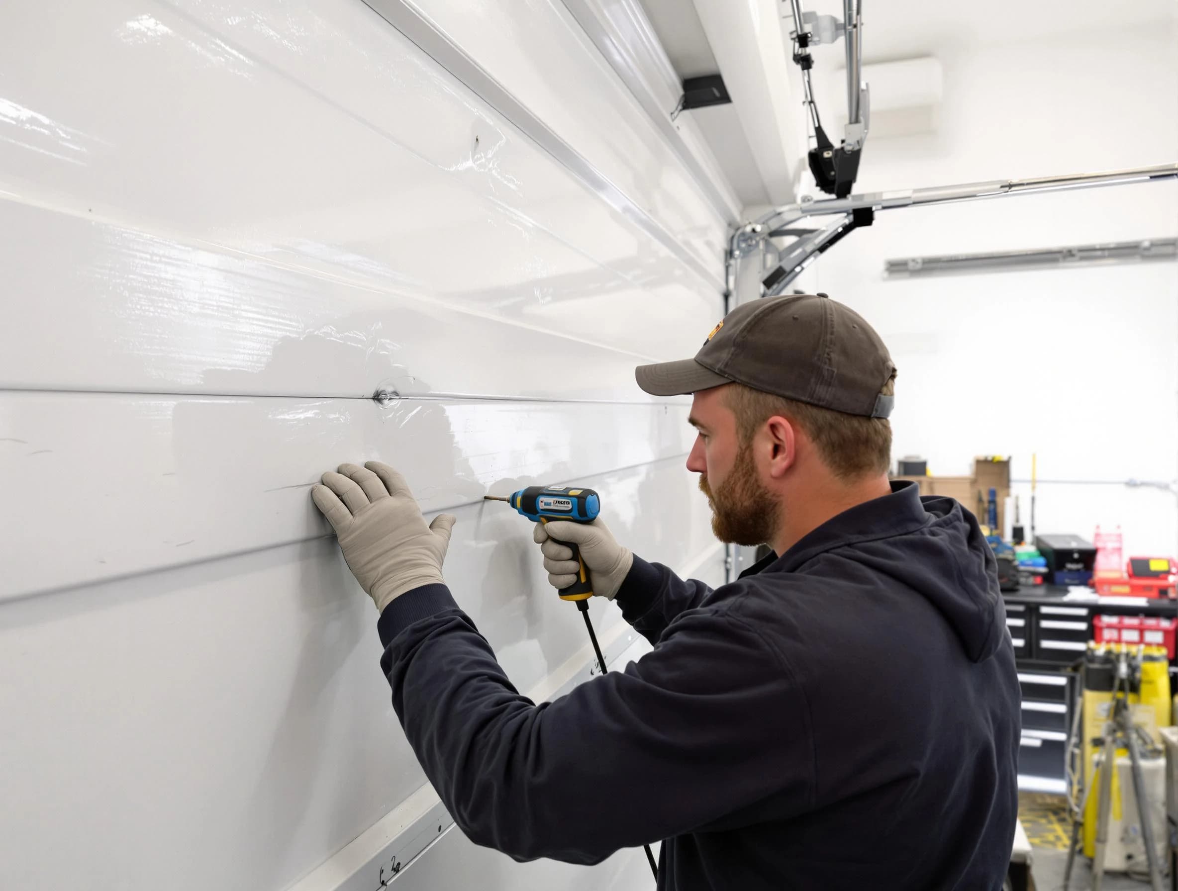 Sandston Garage Door Repair technician demonstrating precision dent removal techniques on a Sandston garage door