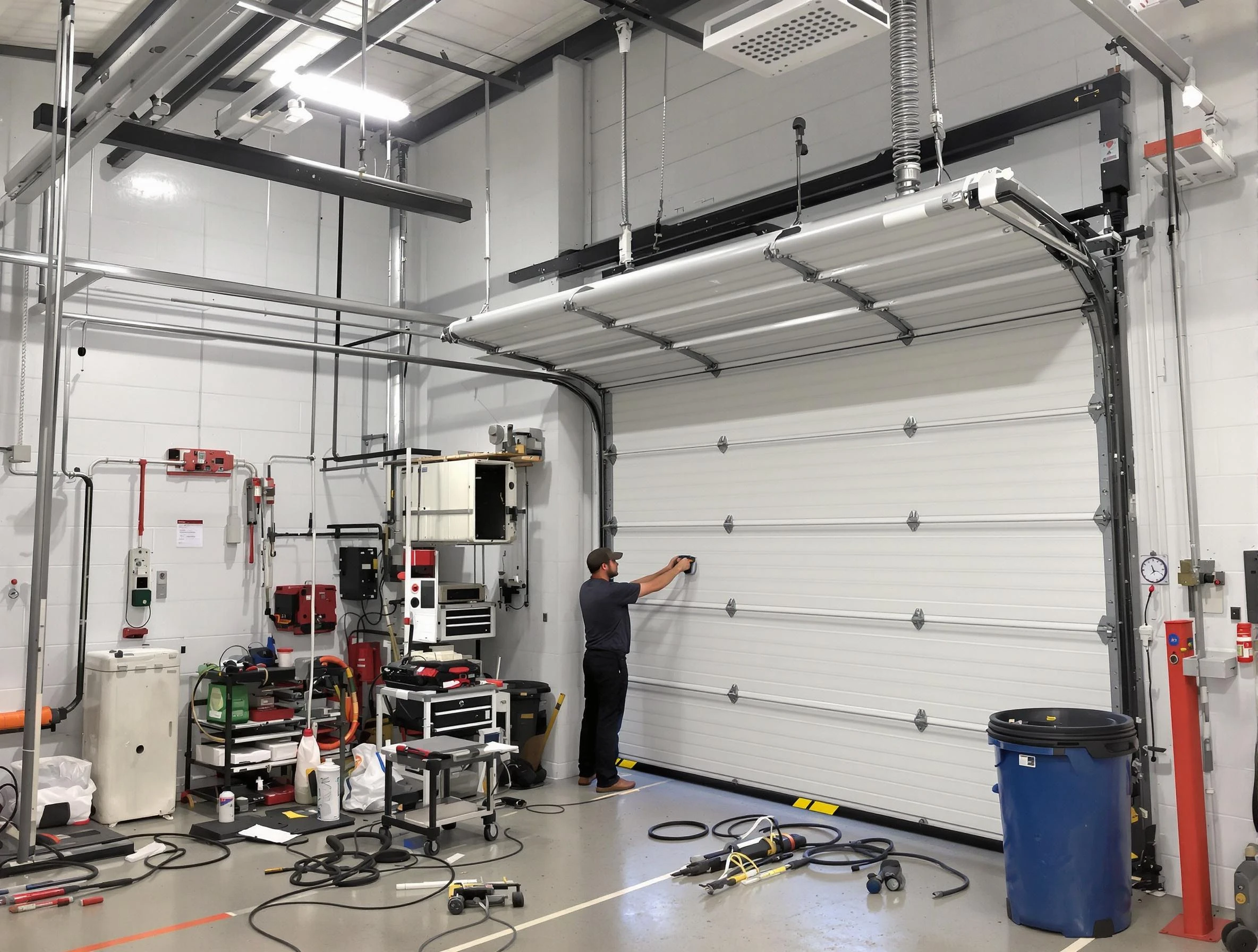 Sandston Garage Door Repair certified technician performing commercial door repair at a Sandston business facility