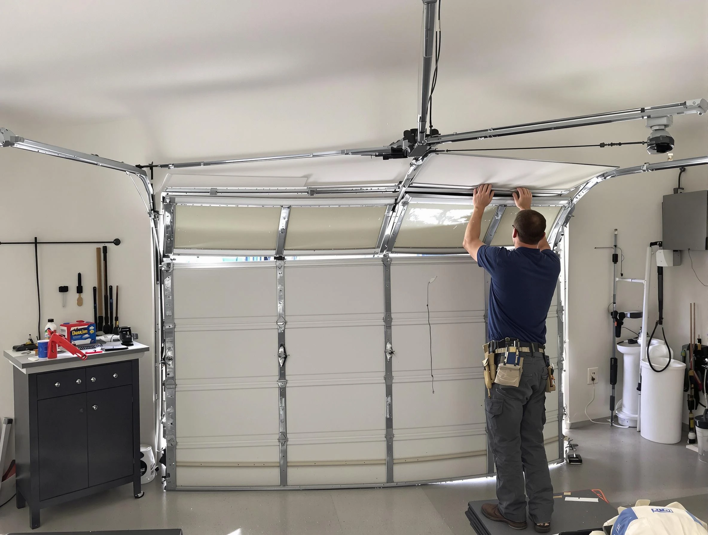 Sandston Garage Door Repair specialist performing precise section replacement on Sandston garage door